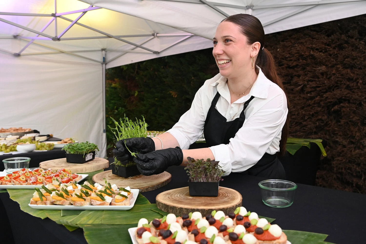 Buffet de bouchées dressé sous une tente pour un évènement privé – La Brune Qui Pétille